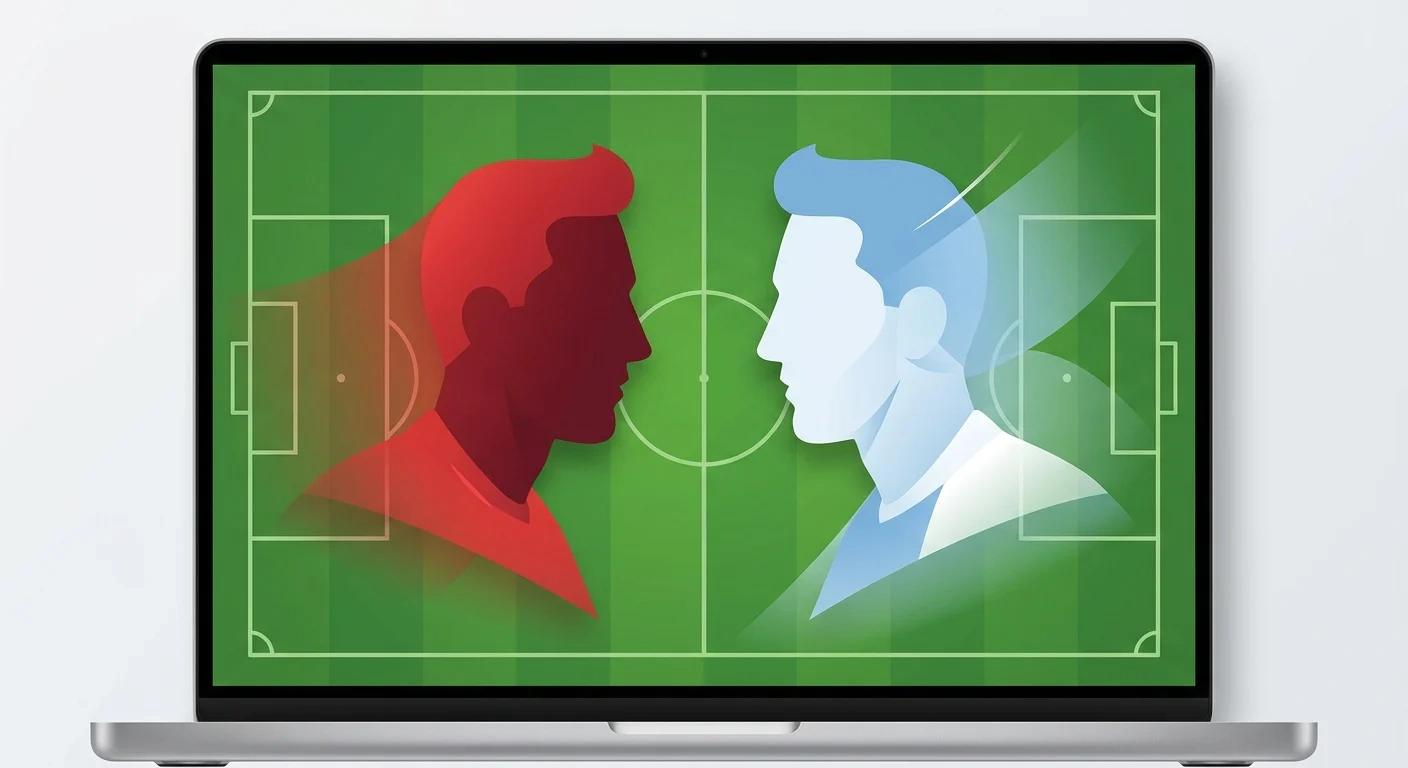 Dwie tabliczki statystyk napastników zestawione obok siebie w graficznej oprawie boiska, motyw pojedynku dwóch gwiazd, bez konkretnych twarzy