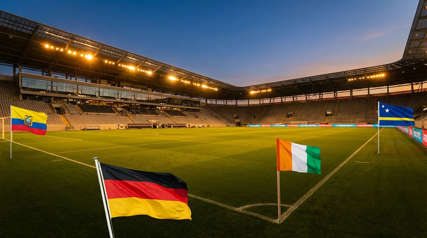 Grupa E Mistrzostw Świata 2026 z flagami Niemiec, Wybrzeża Kości Słoniowej, Ekwadoru i Curaçao