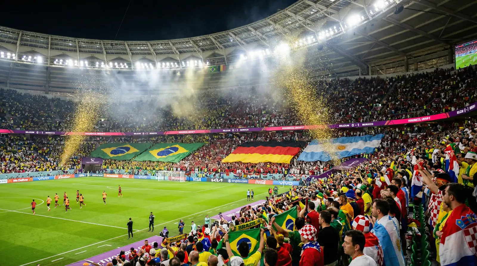 Kibice różnych reprezentacji narodowych na trybunach stadionu podczas fazy grupowej Mistrzostw Świata