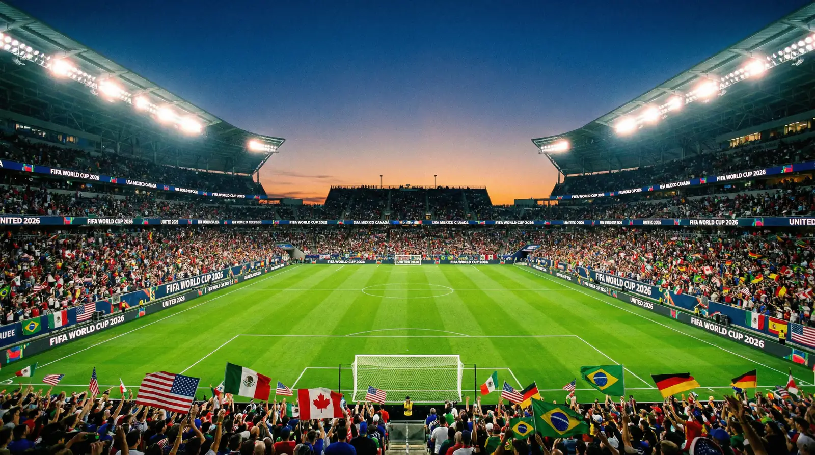 Panorama stadionu podczas Mistrzostw Swiata 2026 w USA z kibicami na trybunach i oswietlonym murawą