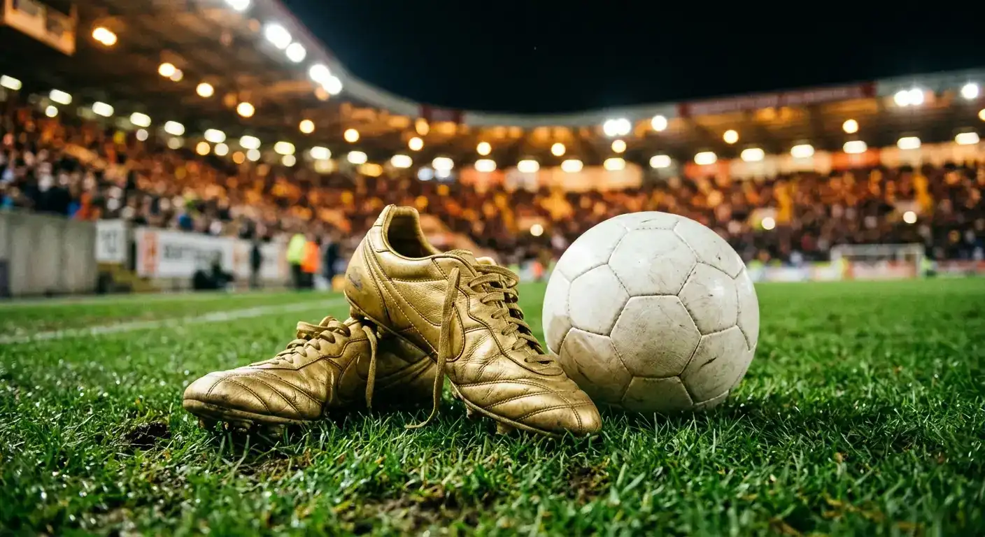 Buty piłkarskie i piłka na murawie stadionu w świetle reflektorów — symbol rywalizacji o koronę króla strzelców