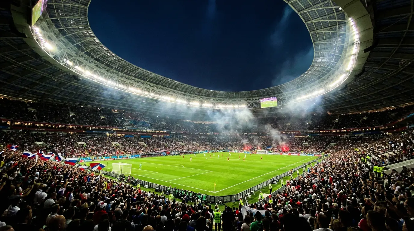 Widok na pelne trybuny stadionu pilkarskiego podczas wieczornego meczu z efektownym oswietleniem murawy