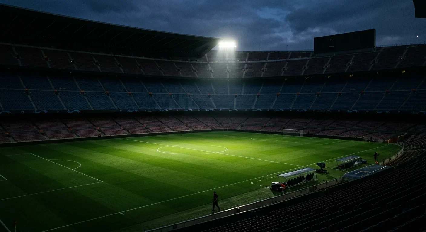 Stadion o zmierzchu, jeden reflektor mocno oświetla środek boiska, reszta w półcieniu, sceneria meczu pucharowego
